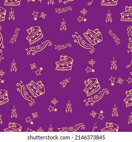 Cozy seamless pattern on purple background with cake. Hand drawn autumn leaves, cozy cake and cute patterns. Texture for scrapbooking, wrapping paper, invitations.