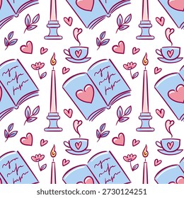 Patrón inconsútil acogedor con el libro abierto, la vela brillante, las Formas del corazón y la taza de té humeante. Estilo de Vector plano, estética cálida, fondo repetitivo para papel estacionario y envoltorio.
