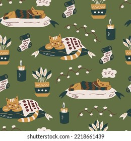 Cozy seamless pattern with pets. Warm comfy endless background with sleeping cat and dog, hygge elements. Autumn fall winter domestic comfort repeat vector illustration