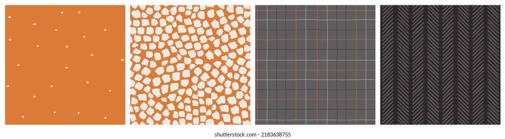 Gemütliche, nahtlose Muster in Terracotta-orange, Schwarz-Grau-Farben. Neutrales Kräuterbein, moderner abstrakter Ort, Punkt und traditionell geplünderte verschiedene Modetextildesigns.