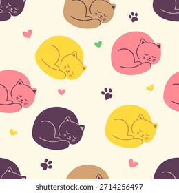 Gemütliches, nahtloses Muster aus zusammengerollten Schlafkatzen, das Wärme und Schmuggel im flachen Design-Vektorstil für Heimtierbetten, Kissen und Winter-Valentinstag-Themen darstellt.