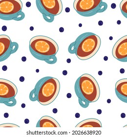 Cozy seamless pattern with tea and berries. Cute background for textiles, wrapping paper.