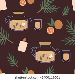diseño acogedor y sin fisuras con tetera, mandarina, velas y ramas de abeto sobre un fondo oscuro