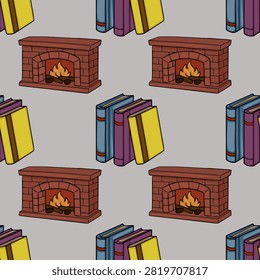 Cozy seamless pattern vector with books and brick fireplaces, featuring a warm reading atmosphere in a hand-drawn cartoon style.
