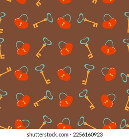 Cozy seamless pattern with vintage locks and keys on a brown background. Retro background for valentine's day. Vector.
