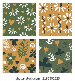 Cozy seamless patterns collection.Cute hand drawn ethnic seamless backgrounds set with daisy flower blossom, leaves silhouette, doodles in trendy Scandinavian style for textile, fabric, wrapping