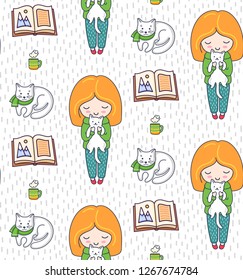 Cozy seamless patterns with ginger girls and cats on a white background. Vector illustration for textile, fabric, card, paper, wallpaper. 
