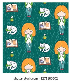 Cozy seamless patterns with ginger girls and cats on a green background. Vector illustration.