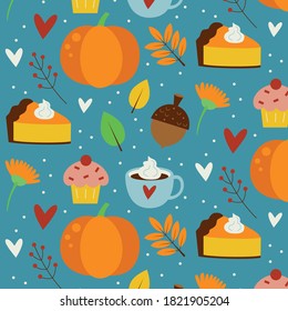 Cozy seamless repeat pattern with pumpkin pie, coffee mug, pumpkin, leaves, acorn, flower, hearts. Great for apparel, gift wrapping paper, home decor, season website background etc. Flat style