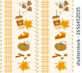 Cozy seamless vector pattern with pumpkin spice coffee cup, pumpkin pie, leaves, pumpkins, spices and plaid details. Perfect for seasonal packaging, fabric design, scrapbooking, Thanksgiving decor.