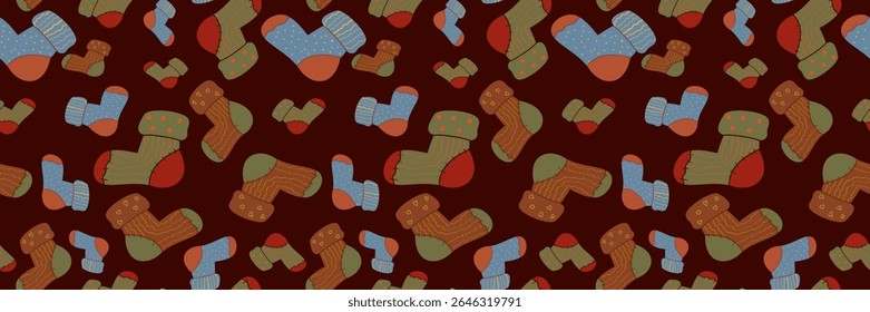 Cozy seamless vector pattern of warm autumn socks on a dark red background. Perfect for digital backgrounds, hygge-themed designs, and seasonal comfort.