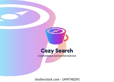 Cozy search flat vector logo template. Coffee cup color gradient icon. Navigation service logotype