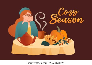 Cozy season autumn background in a cartoon style. The girl enjoys the autumn coziness and the delicacies of the autumn harvest. Vector illustration.