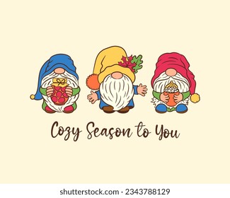 Cozy season card design with gnomes. Cute scandinavian gnome Tomte whimsical funny adorable characters. Calligraphic greeting text fall quote. Fall Thanksgiving design for card, print, invitation.