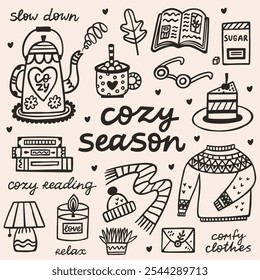 Cozy season hygge graphic doodle elements. Hand drawn vector set of cozy home illustrations. Interior, books, comfy clothes, cake, tea, hot drink, plant and lettering quotes.