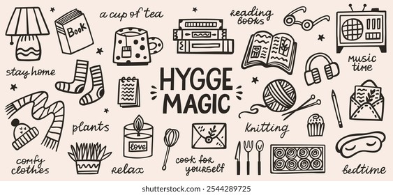 Cozy season hygge magic graphic doodle elements. Hand drawn vector set of cozy home illustrations. Interior, books, comfy clothes, cake, tea, hot drink, plant and lettering quotes.