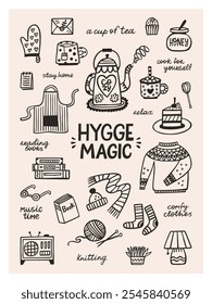 Cozy season hygge magic graphic poster 3x4. Hand drawn vector set of cozy home illustrations. Interior, books, comfy clothes, cake, tea, hot drink, plant and lettering quotes.