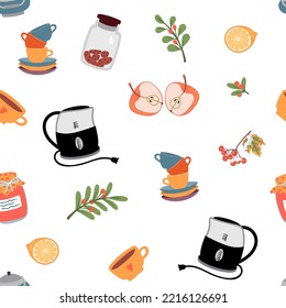 Cozy season seamless pattern with electric kettle,cups and twigs, lemon, red berries, sugar bowl, cookies and apples.Colorful elements isolated on white background.Vector hand drawn flat illustration.