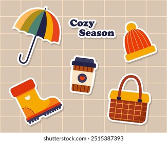 Cozy season. Set of autumn stickers. Vector illustration.