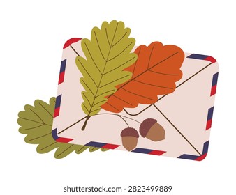 Cozy seasonal design featuring a stack of envelopes wrapped with twine bow, decorated with autumn leaves and red berries. Warm vector illustration isolated on white background.