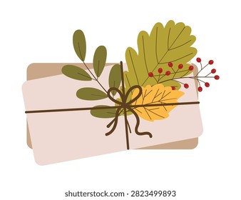 Cozy seasonal design featuring a stack of envelopes wrapped with twine bow, decorated with autumn leaves and red berries. Warm vector illustration isolated on white background. Vector illustration