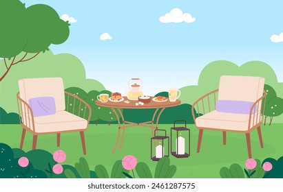 Acogedor té de temporada en el jardín. Desayuno de verano en la naturaleza, té, panqueques y tostadas con mermelada. Comer en primavera, escena de dibujos animados de Vector