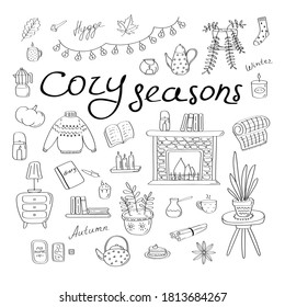Cozy seasons. Big set of hygge icons and handwritten lettering. Cute elements for posters, cards, stickers and seasonal designs. Hand drawn linear vector illustration in Scandinavian style