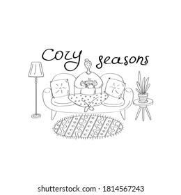 Cozy seasons. Cute young woman sitting on sofa and holding cup of tea. Cozy home interior. Linear hand drawn design for cards, posters, banners and seasonal designs