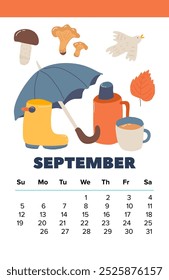 Cozy September Calendar With Handdrawn Elements Vector Illustration