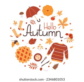 Cozy set of autumn and fall items. Thanksgiving design elements. Vector illustration on a white background.	