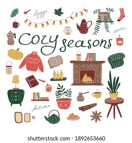 Cozy set. Big collection of hygge elements. Seasonal scandinavian concept. Flat vector icons