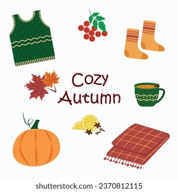 Cozy set with a blanket, pumpkin, cup and cookies. Vector illustration