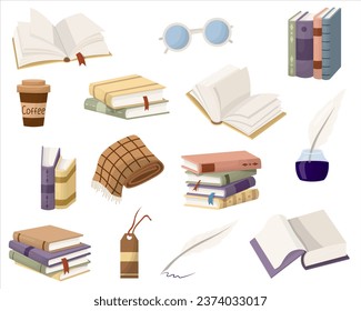 A cozy set of books, open books and books stacked in piles. Different attributes to read. Vector illustration