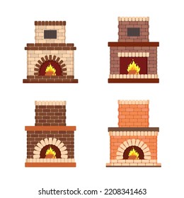 Cozy Set Brick Fireplace, Wood Fire, Heating Device. Vector Illustration In Flat Cartoon Style