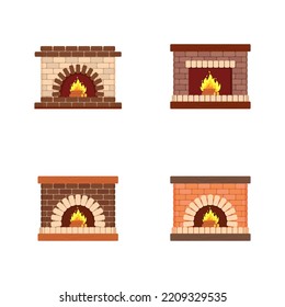 Cozy Set Brick Fireplace, Wood Fire, Heating Device. Vector Illustration In Flat Cartoon Style