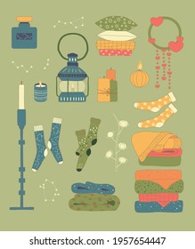 Cozy set. Candles, oil lamp, perfume, folded clothes, socks, constellations. Vector clipart illustration.