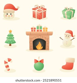 A cozy set of Christmas icons featuring snowmen, gifts, a fireplace, a Christmas tree, and festive decorations. Perfect for holiday designs, greeting cards, and seasonal branding