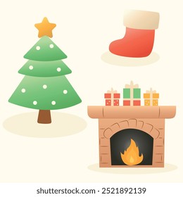 Cozy set of Christmas icons with gifts, fireplace, tree and gift stocking. Ideal for holiday designs, greeting cards and seasonal branding.