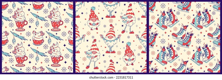 Cozy set of Christmas Noel seamless patterns with traditional New year accessories and characters:fun gnomes in santa hats, vintage skating, cup of warm cacao.Xmas concepts for wrapping paper, fabric