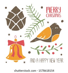 Cozy Сhristmas set. Colored pine cone, bell with bow, spruce branch, berries and bird. Can be used for holiday decoration. Vector shabby hand drawn illustration