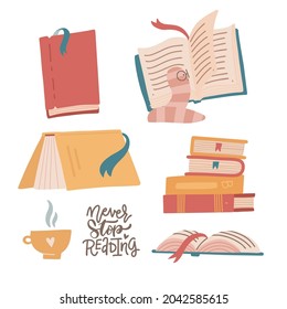 Cozy set of colorful books, book stacks, piles and cup of hot beverage. Hand drawn library with funny bookworm. Vector flay hand drawn illustration