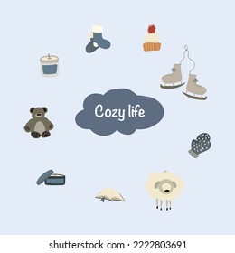 Cozy set with different objects bear toy skates hat and socks