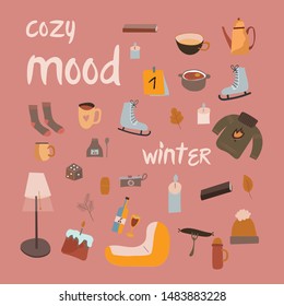 A cozy set of elements for a mood hugge with a sweater, skates, socks, jam, wine, candles. In a Scandinavian style. Vector illustration.