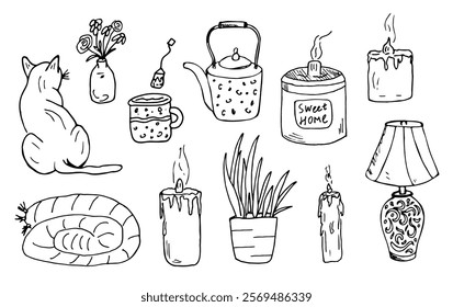 A cozy set of home decor elements and accessories. Hand-drawn vector illustrations, contour drawing. Plaid, tea, teapot, lamp, candles, scented candle, potted flower, silhouette of a cat, vase