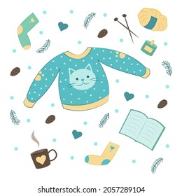 cozy set home warm clothes knitted clothes book yarn candles tea coffee socks winter cold season