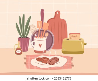 Cozy set of kitchenware. Cozy kitchen concept. Compostion of utensils, toaster, pan, chocolate cookies, cutting board. Cute hand drawn vector illustration in flat style.