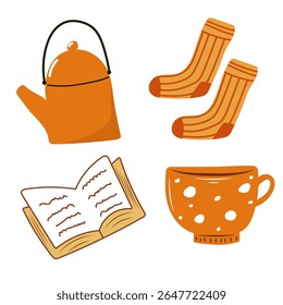 Cozy set with teapot, mug and socks. Autumn vibe elements.