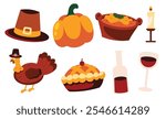 A cozy set of Thanksgiving-themed illustrations featuring a turkey, pumpkin, pie, wine, pilgrim hat, mashed potatoes, and candle. Perfect for holiday designs and decor.