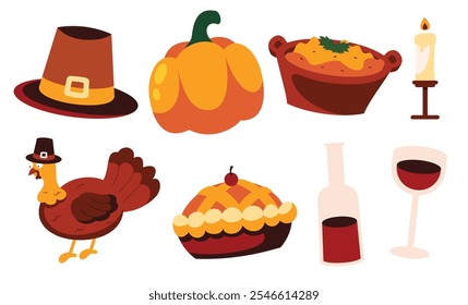 Un conjunto acogedor de ilustraciones con temas de Acción de Gracias que presentan un pavo, calabaza, pastel, vino, sombrero de peregrino, puré de papas y vela. Perfecto para diseños y decoración navideña.