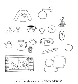 Cozy set, vector doodle illustration, patterned sweater, wall lamp, socks, coffee cup, cupcake, donut, pancake, teapots, tea cup, soup, bread, avocado half, orange, jam jar, pillows, fireplace